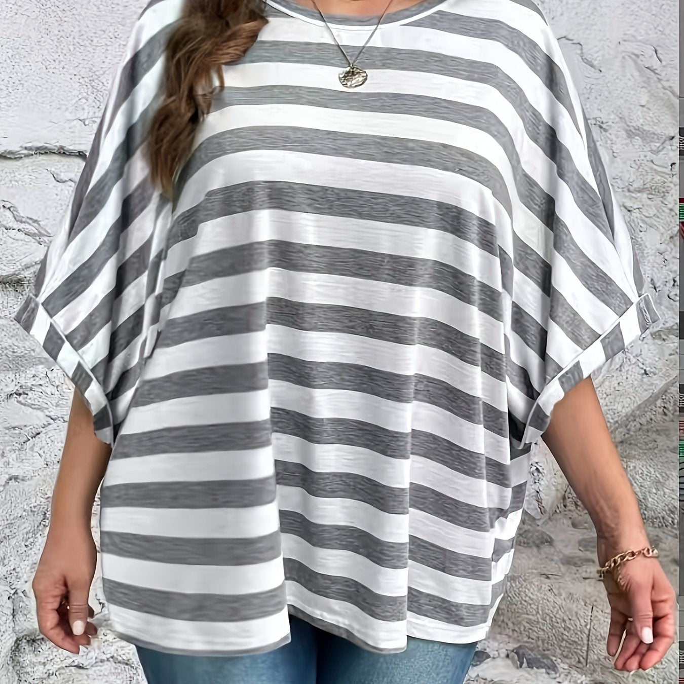 Plus Size Women's Elegant Vertical Striped Batwing Sleeve T-Shirt .