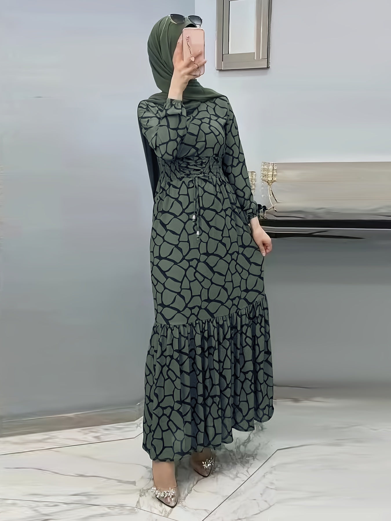 Allover Print Maxi Kaftan Dress, Casual Long Sleeve '/MH