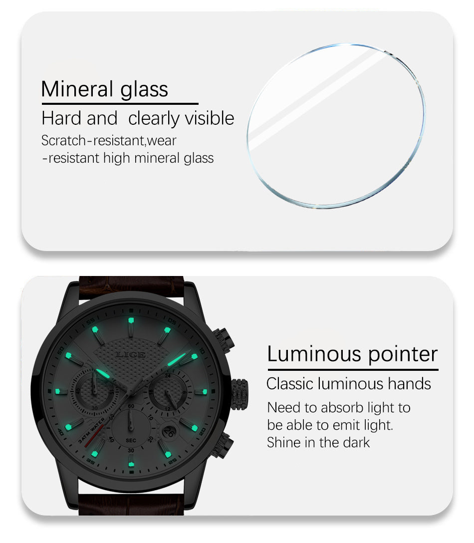 Watches Mens  LIGE Top Brand Luxury Casual Faux Leather Quartz Men's
