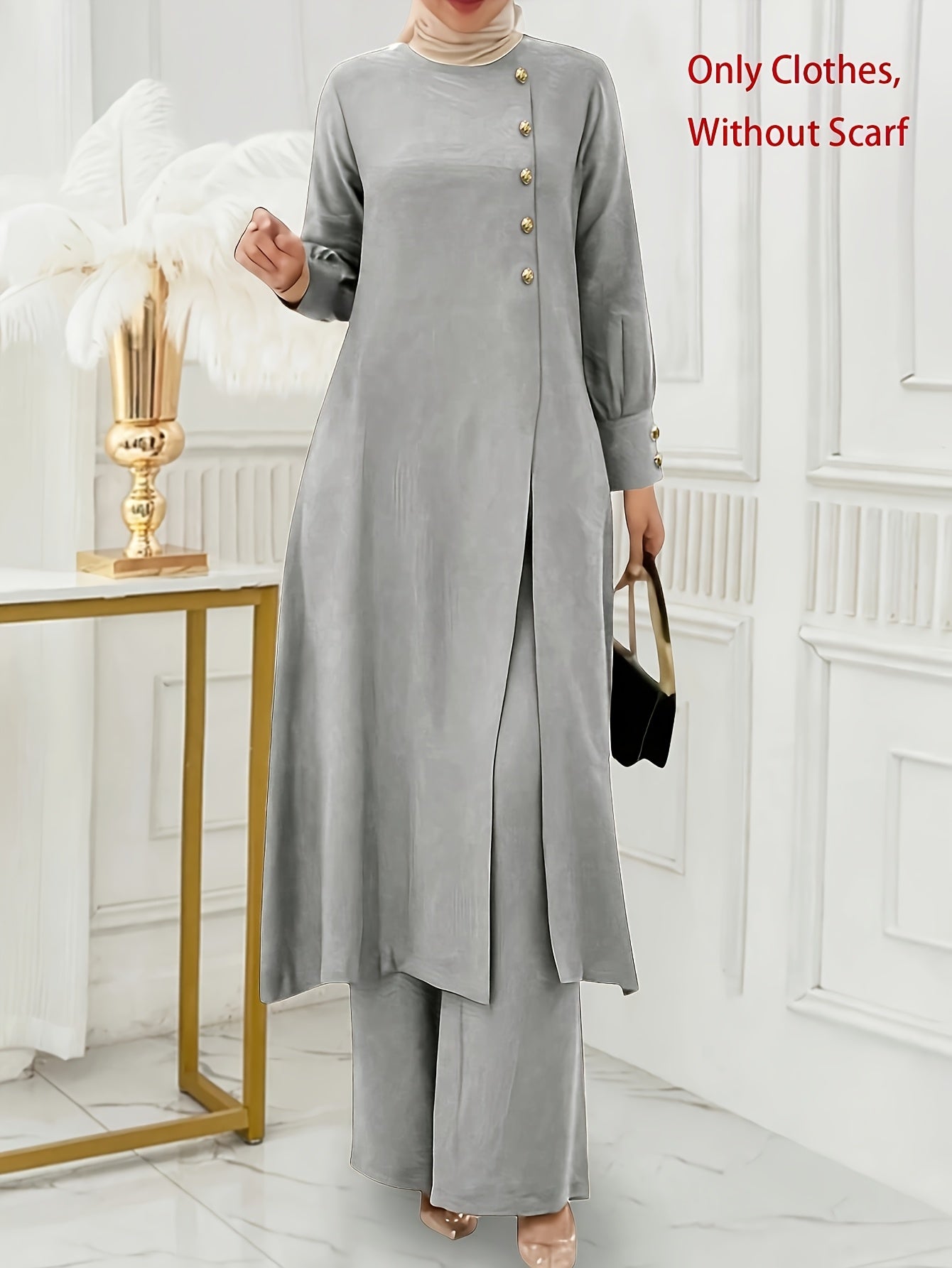 Solid Color Button Design Long Sleeve Top and Pants Set, Arabic Style,/MH