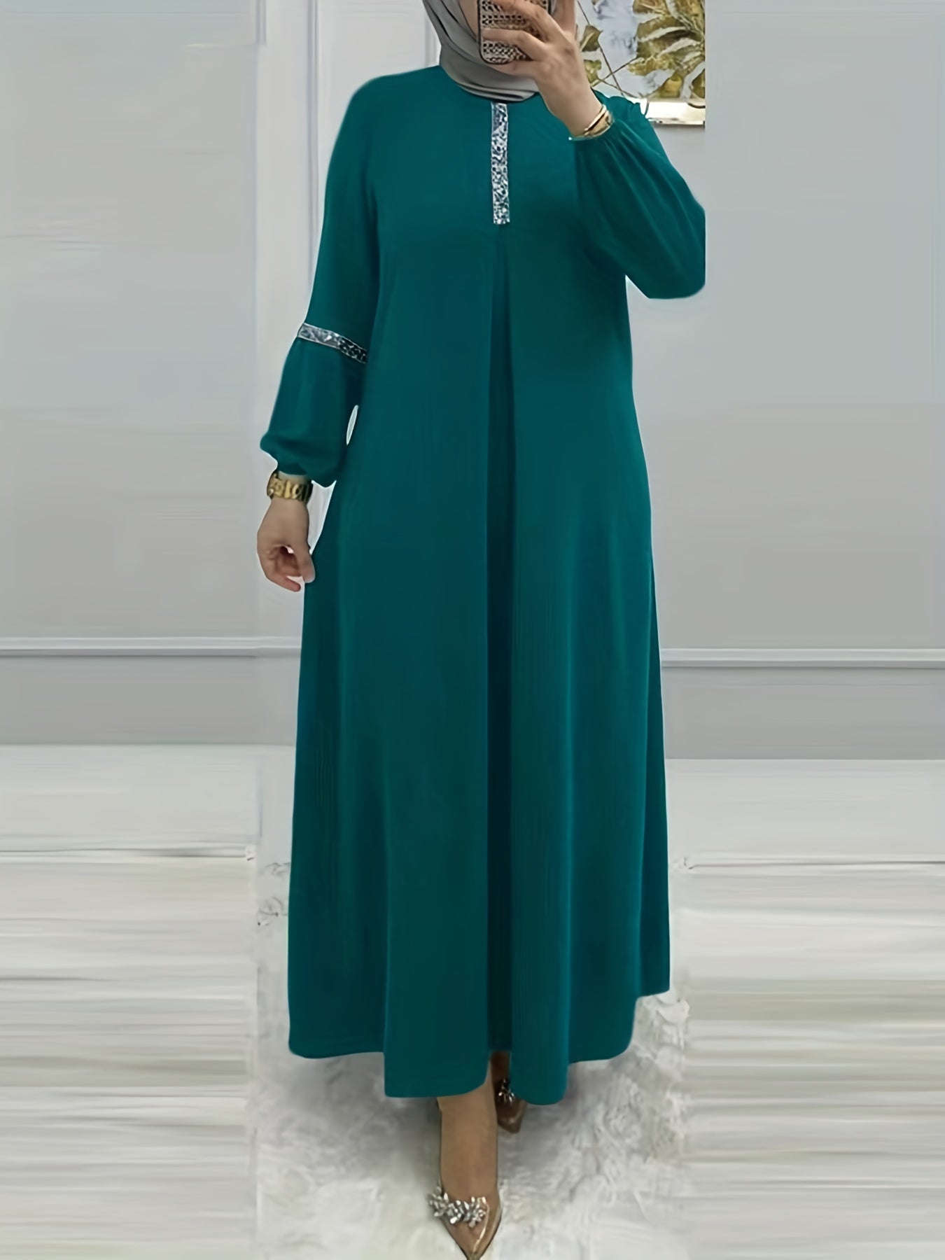Crew Neck Lantern Sleeve Kaftan Dress, /MH