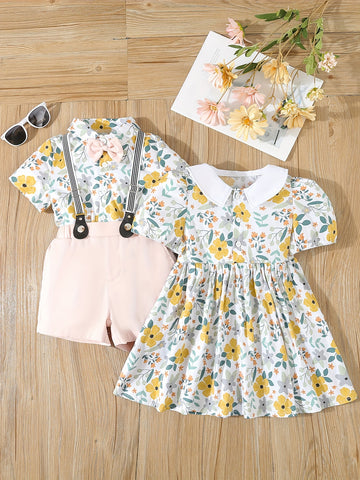 Summer Outfit Set For Kids, Includes Cute Floral Print Dress.