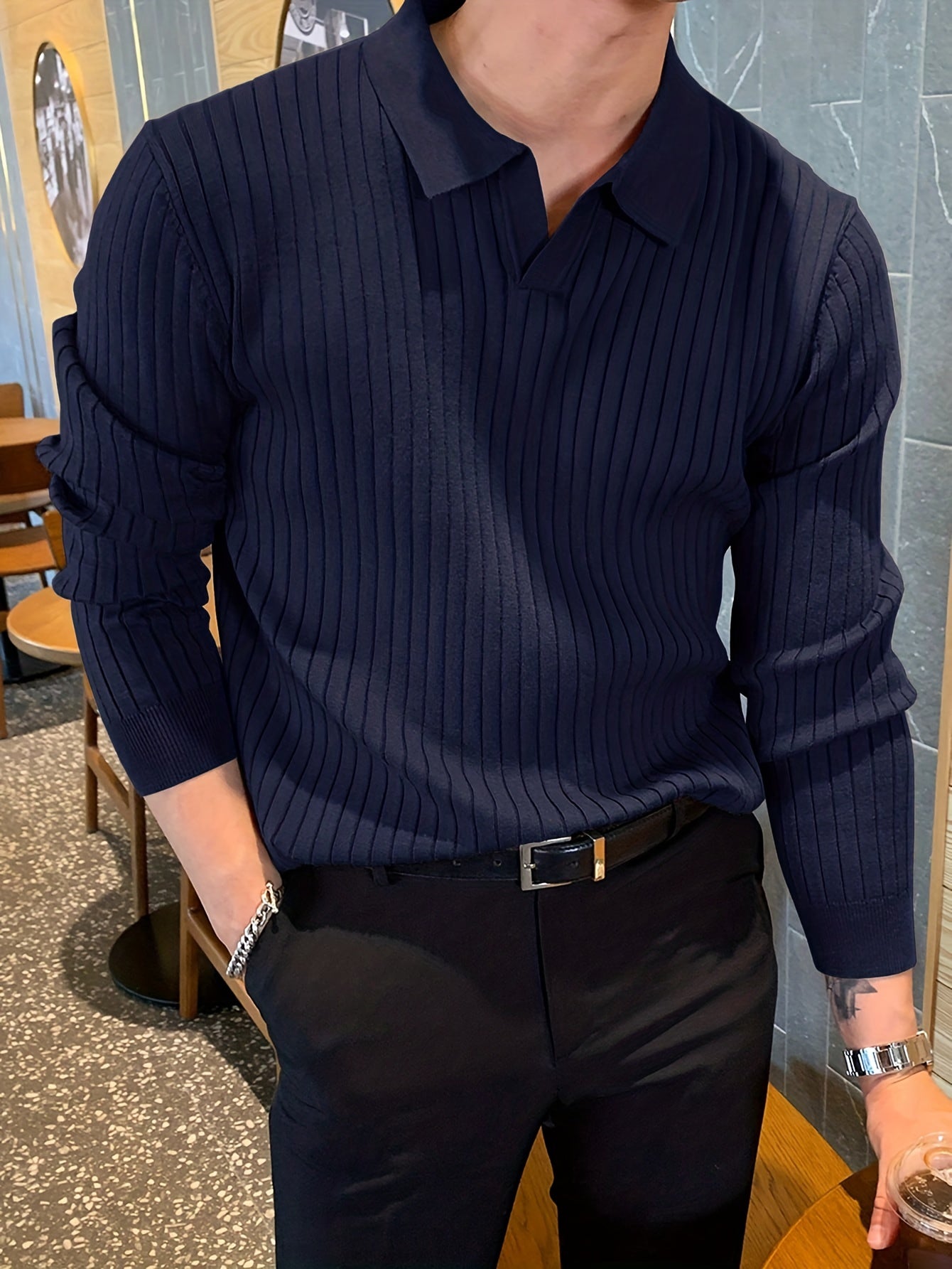 Chic Knit Shirt, Men's Casual Stylish Lapel Middle Stretch V-Neck .