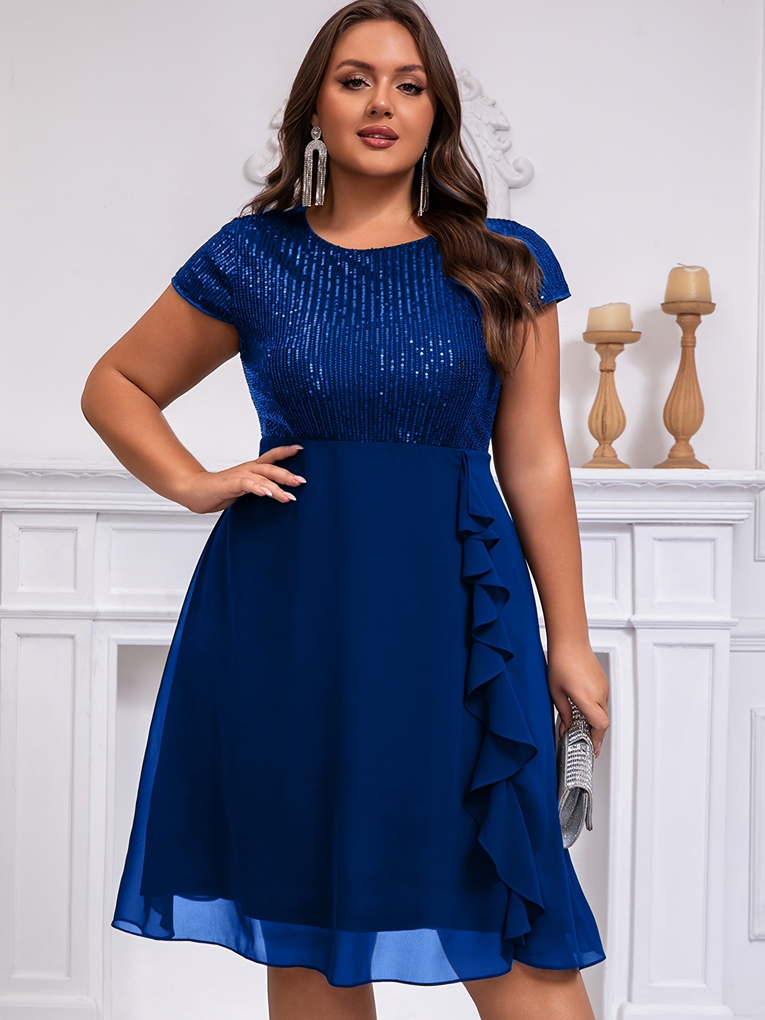 Women'S Plus-Size Chiffon Dress with Sequin Patchwork