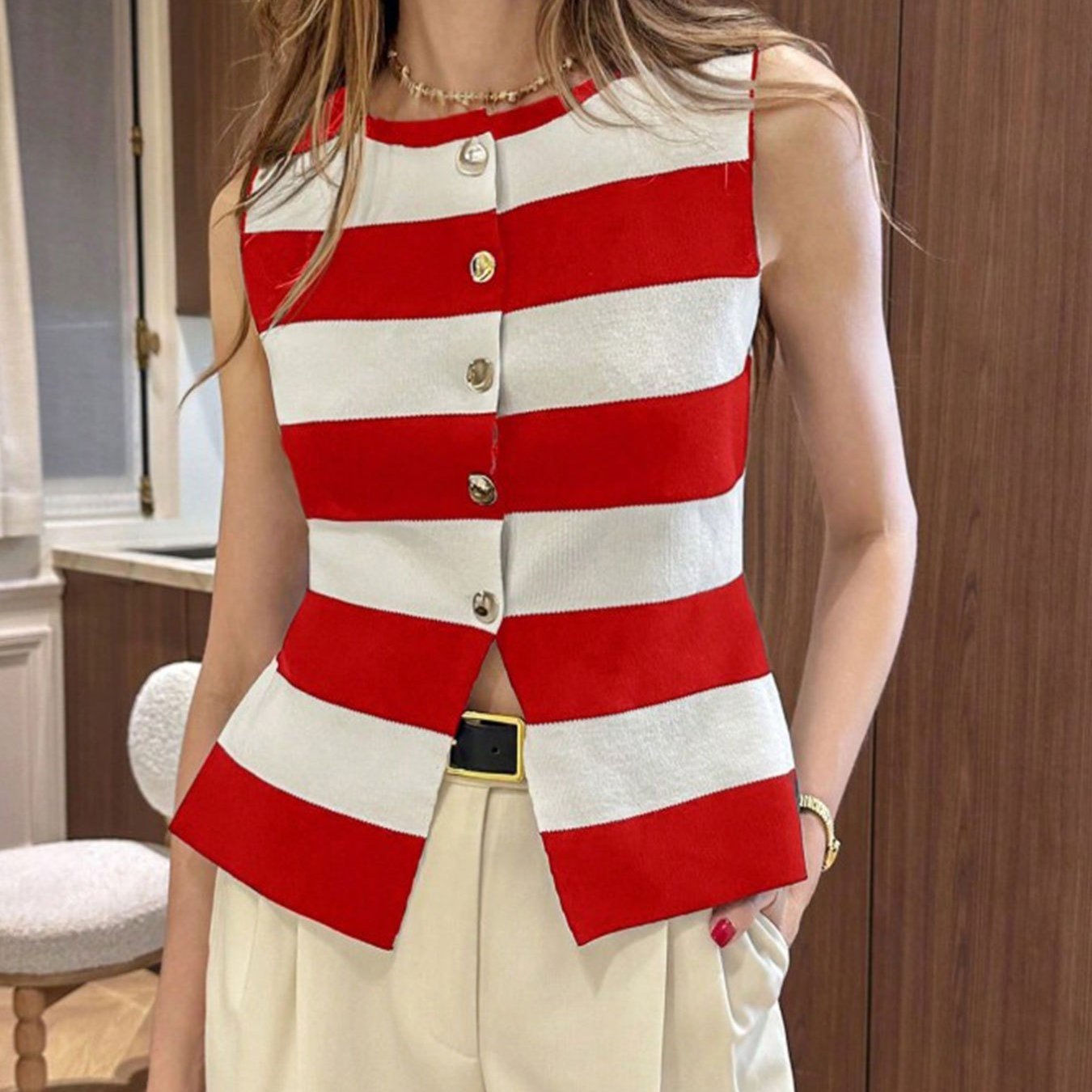 Women'S Navy & White Horizontal Stripe Button-Front Cardigan .