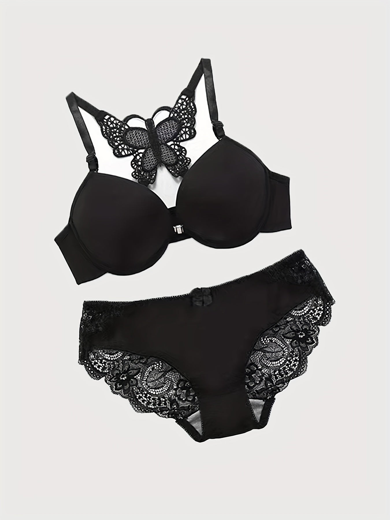 Lace Stitching Bra & Panties, Front Buckle Plunge Bra '/MH