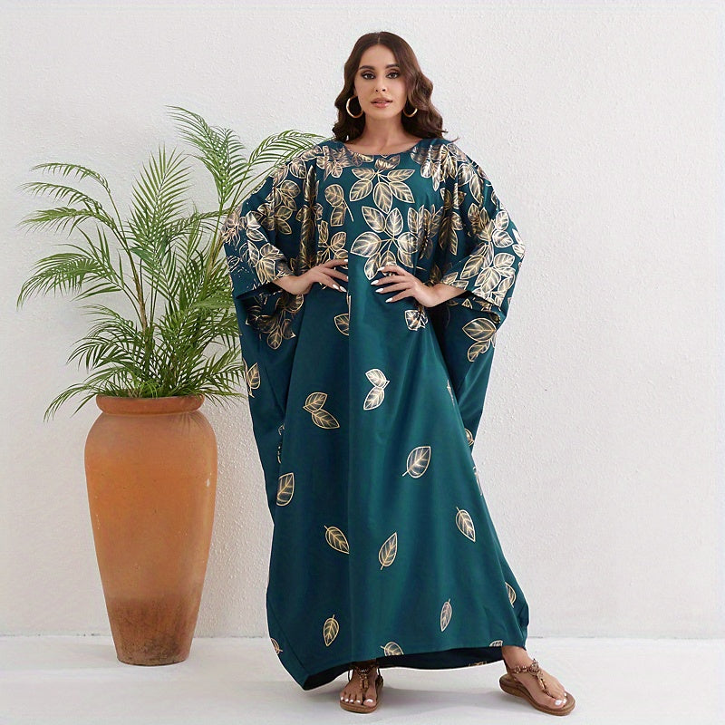 Leaf Print Crew Neck Kaftan, Elegant Batwing Sleeve'/MH