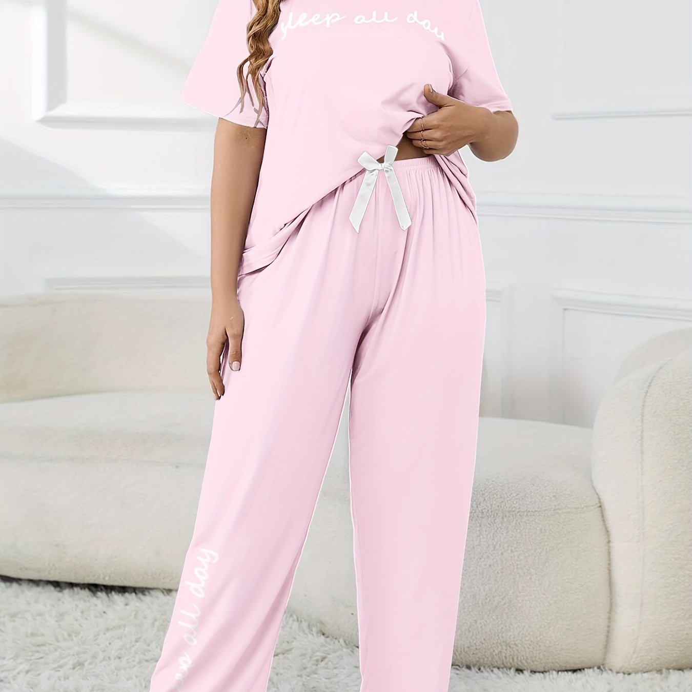 Plus Size Women's Cute Pajama Set, Plus Size Letter Print Short Sleeve Top and Pants Casual 2pcs, Plus Size Pajama Sets