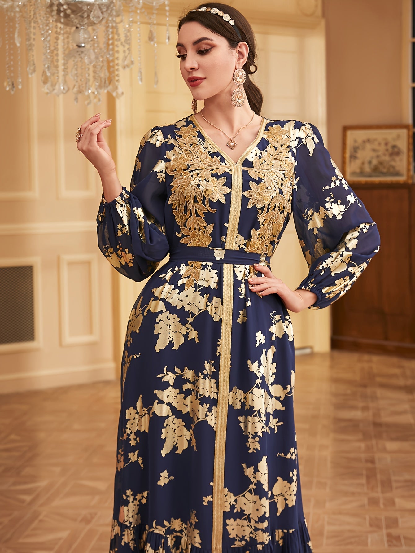 Bronzing V-neck Kaftan Dress, Elegant Long Sleeve 'MH