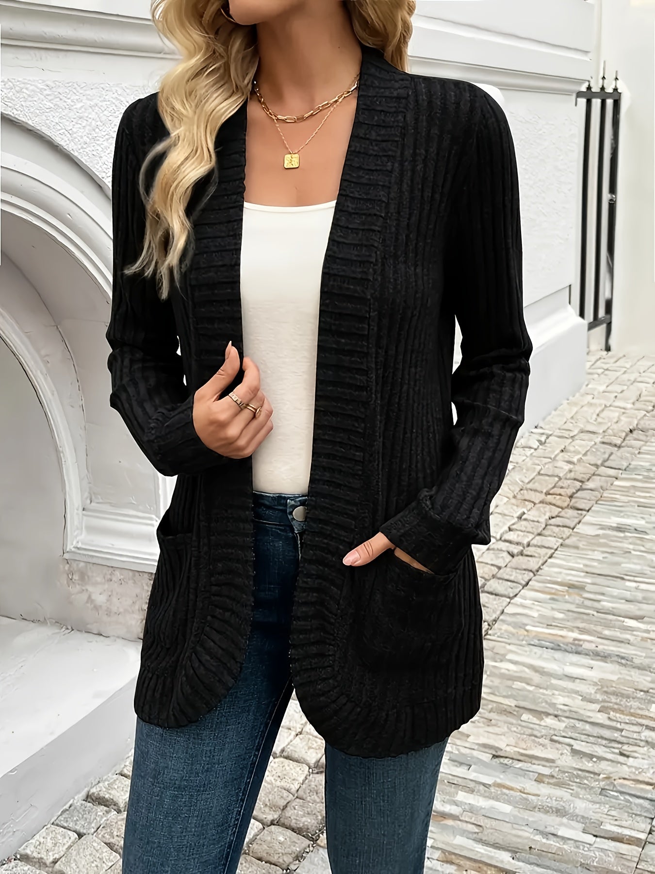 1pc Women'S Solid Color Polyester Cardigan Jacket with Pockets,