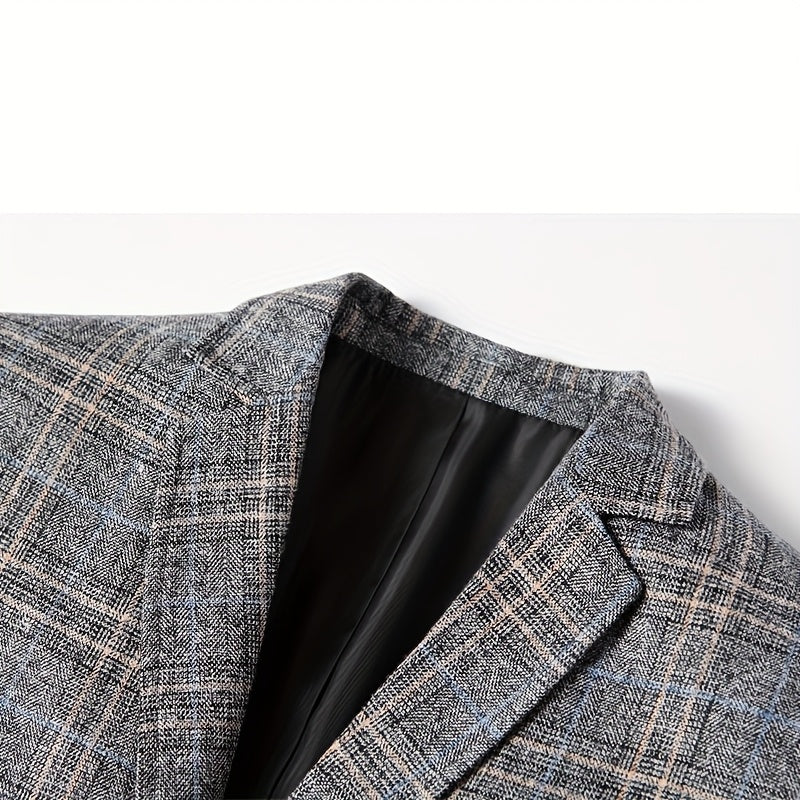 Men'S Checked Pattern Blazer with Pockets - Formal Two-Button Lapel,