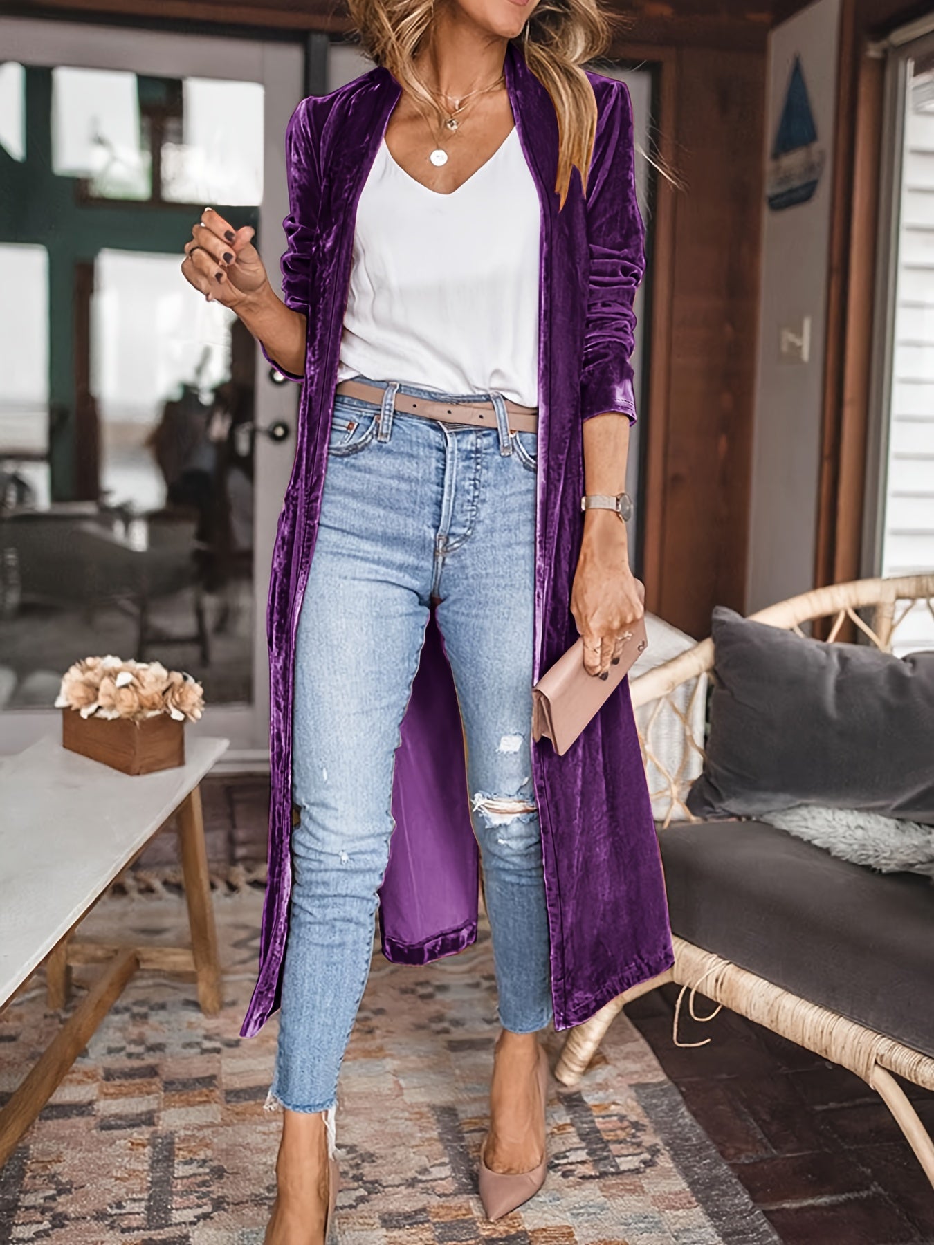 Elegant Green Open-Front Sweater Coat  No Collar, Solid Color .