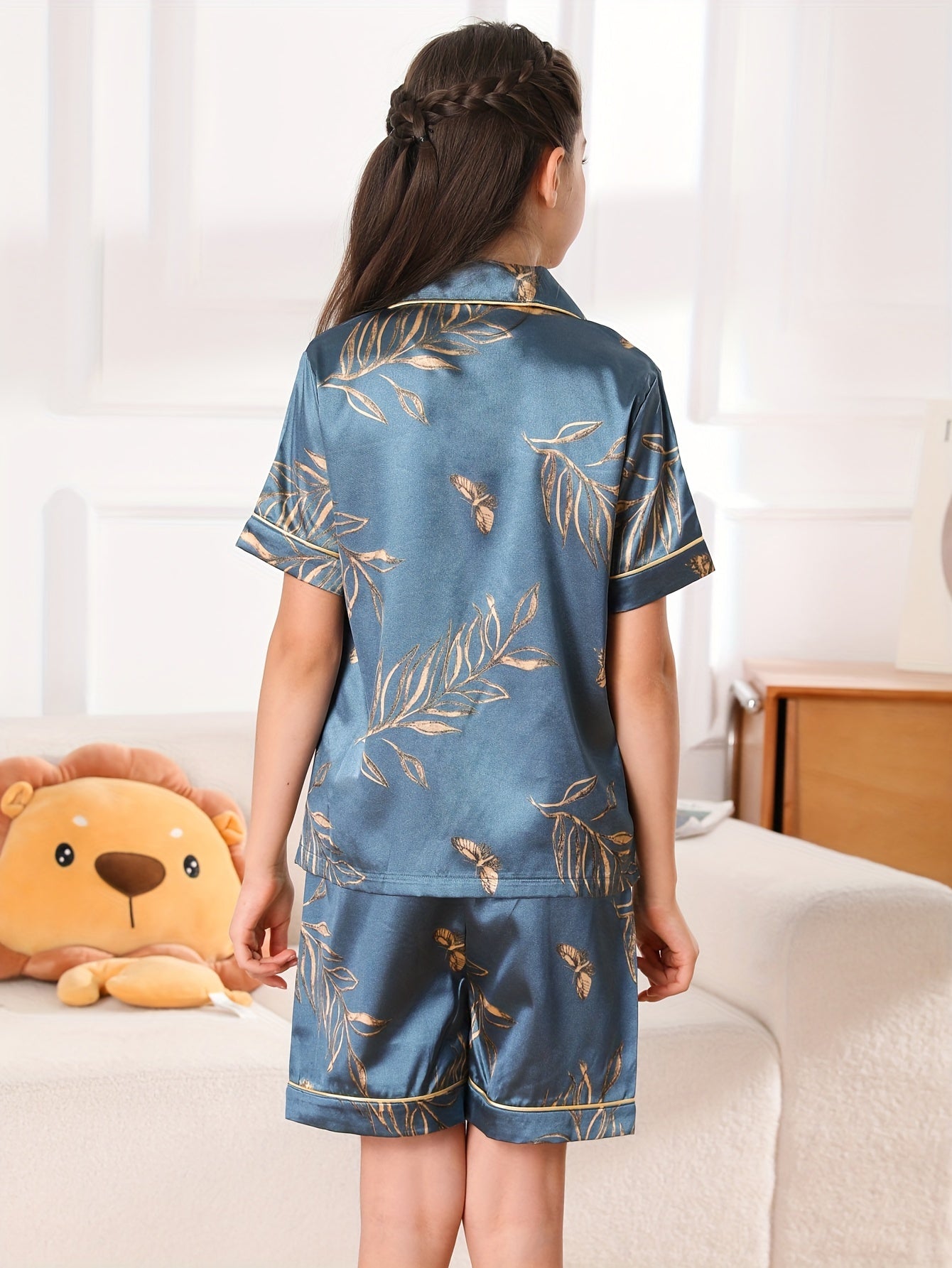 3pcs Kids Pajamas Set, Girls Ice Silk Thin Short Sleeve Shorts .