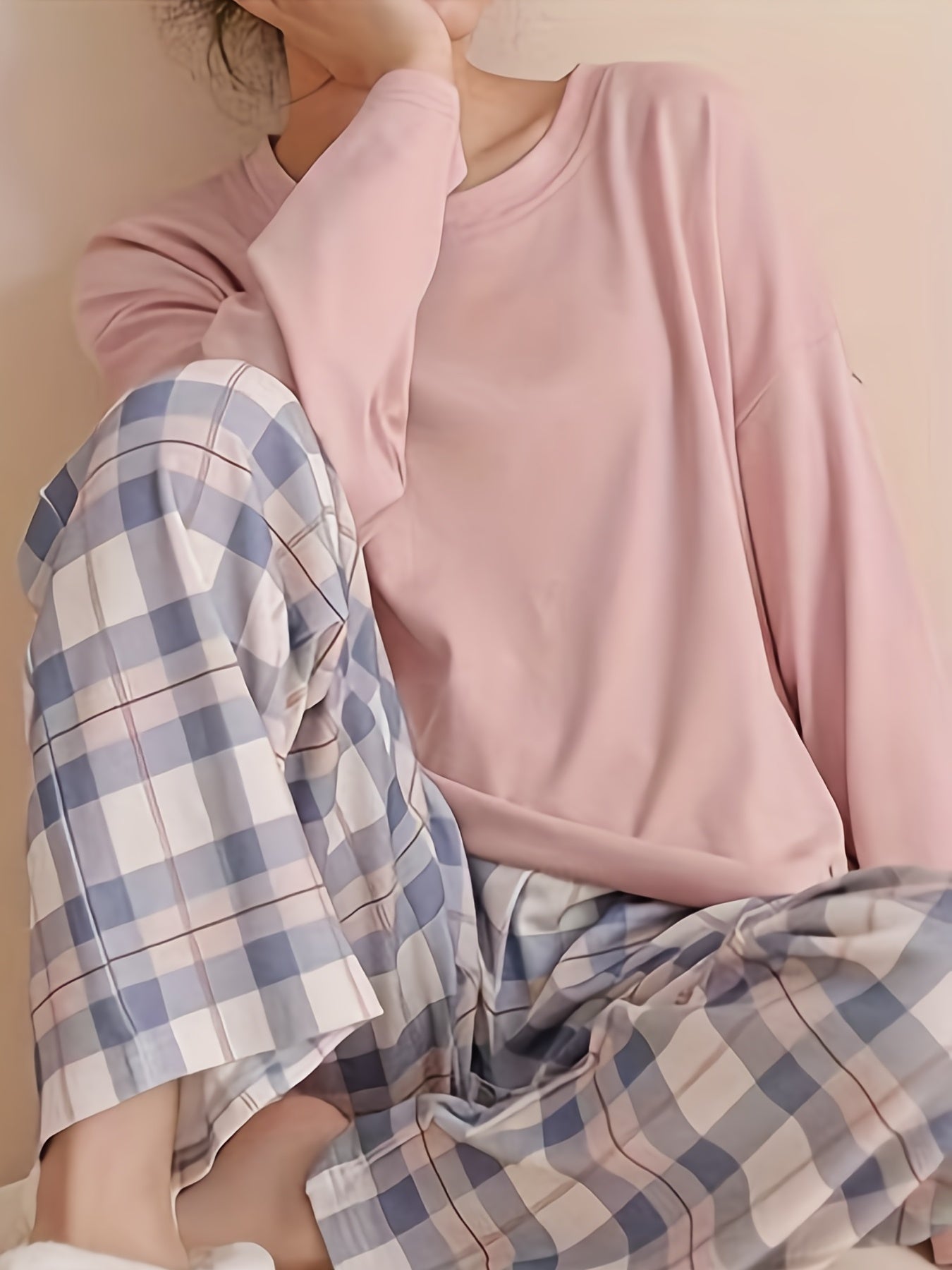 Plaid Print Crew Neck Pajamas Set,