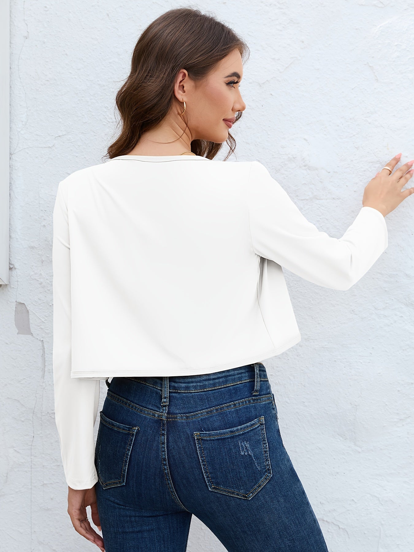 Solid Open Front Blazer, Casual Long Sleeve Crop Blazer For Work,