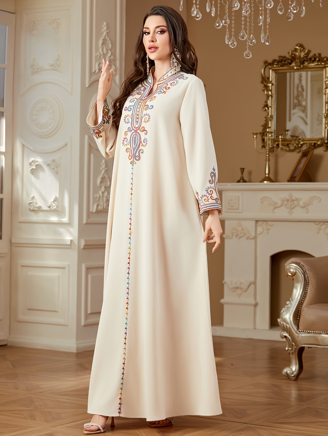 Women'S Elegant Ramadan Kaftan Dress - Long Sleeve, V-Neck,women fashion'/ MH
