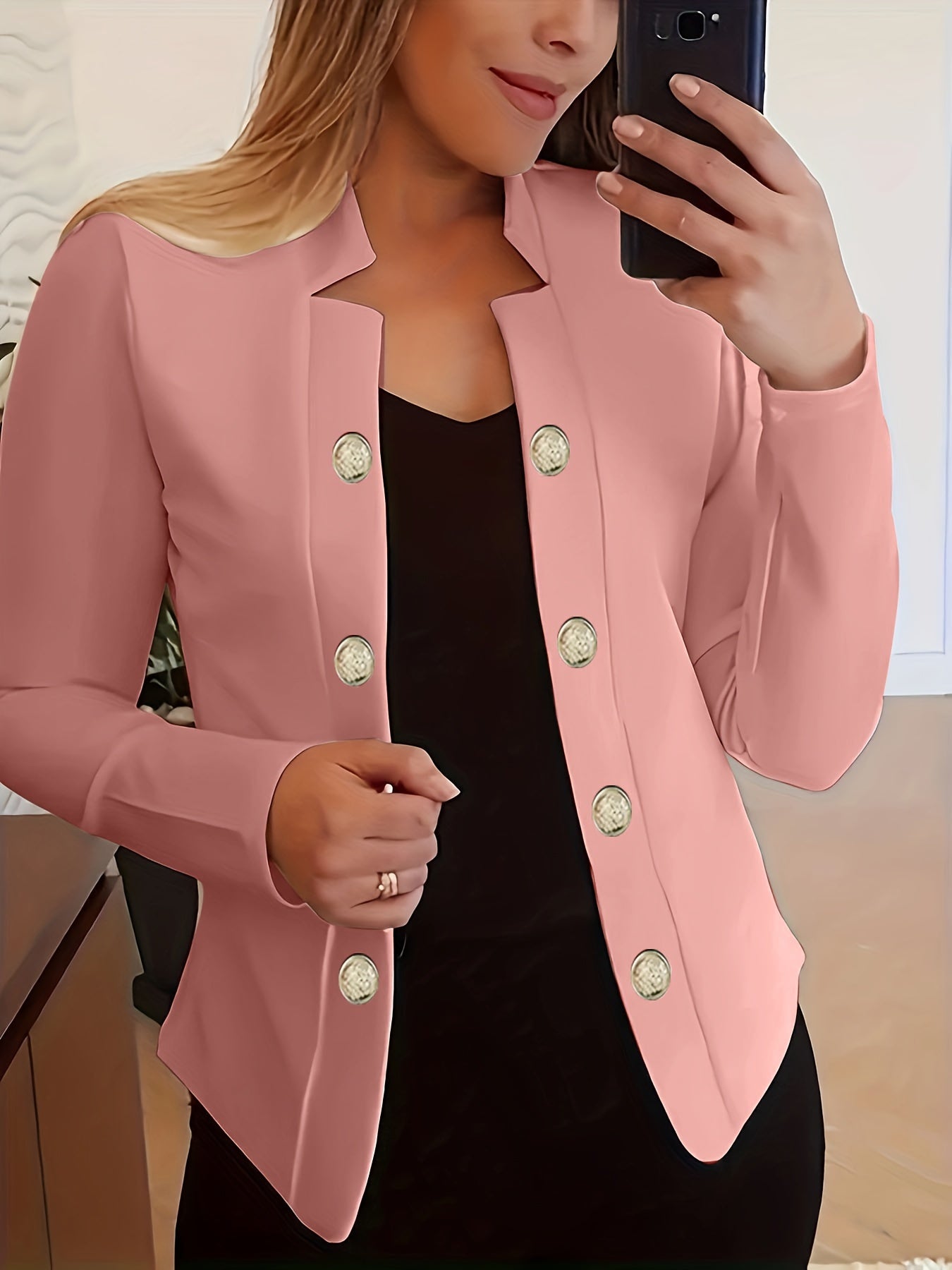 Button Decor Open Front Blazer, Casual Long Sleeve.