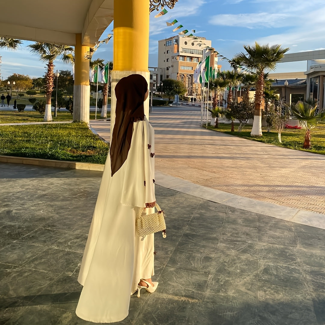 Elegant White Abaya with Blue Bow Accents - ./MH