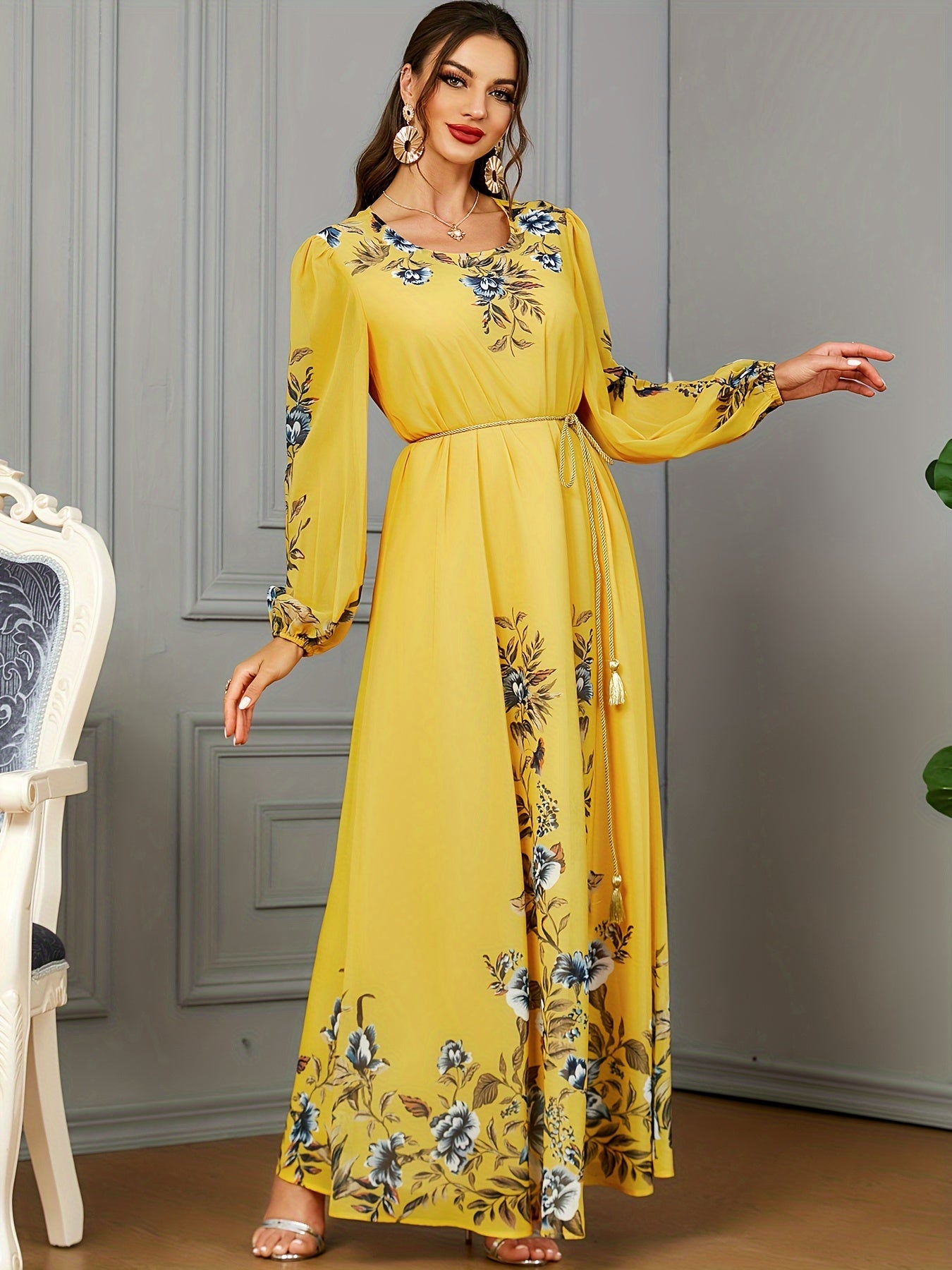 Floral Print Long Sleeve Kaftan Dress, women fashion'/MH