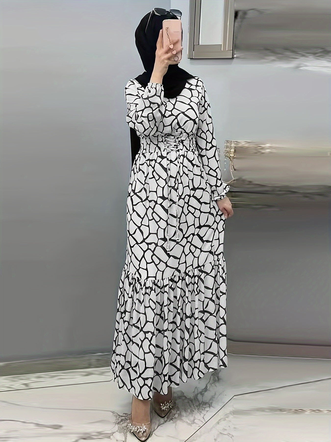 Allover Print Maxi Kaftan Dress, Casual Long Sleeve '/MH