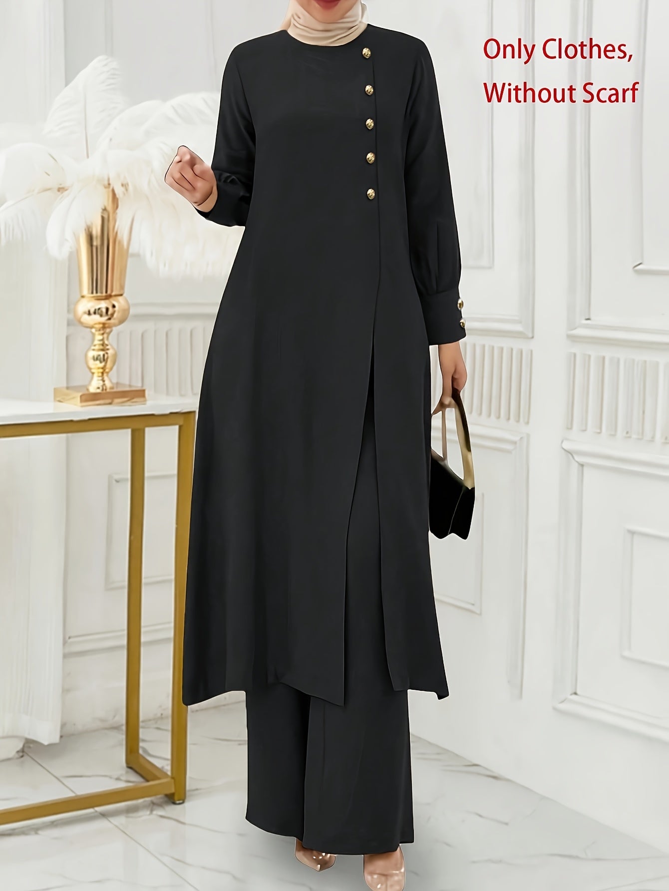 Solid Color Button Design Long Sleeve Top and Pants Set, Arabic Style,/MH