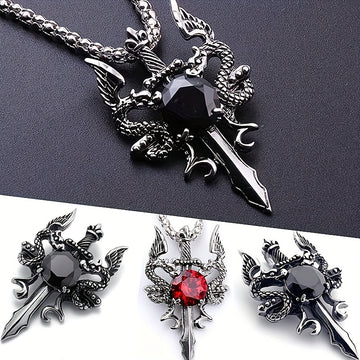 Gothic Knight Double Dragon Cross Sword Pendant Necklace .