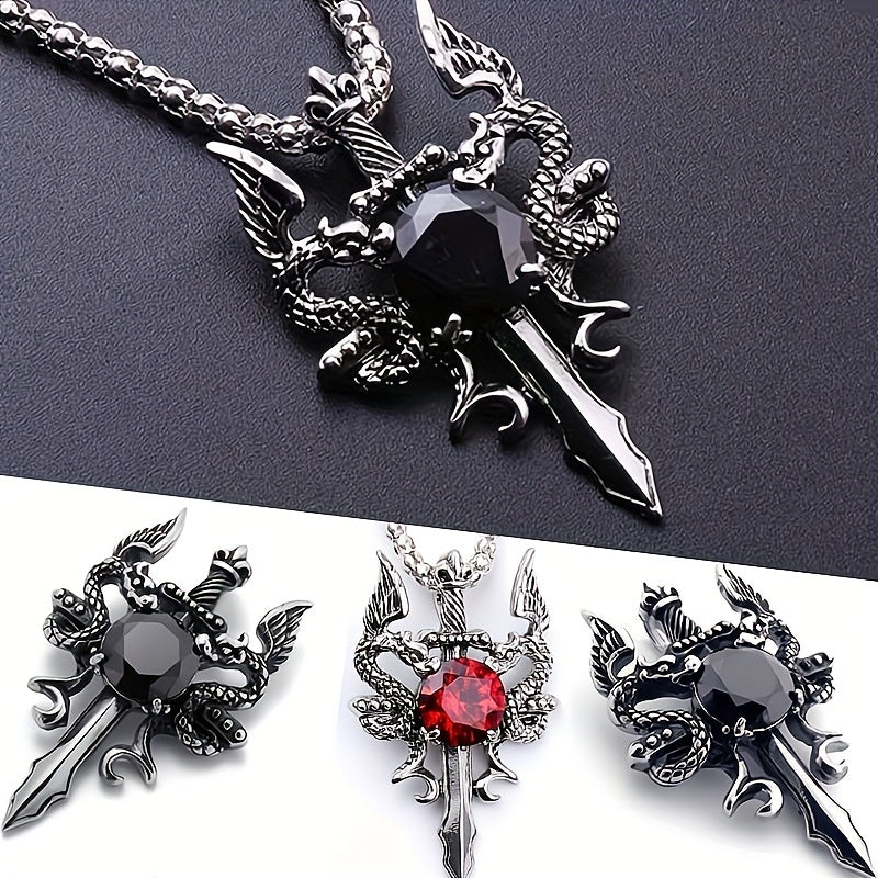 Gothic Knight Double Dragon Cross Sword Pendant Necklace .