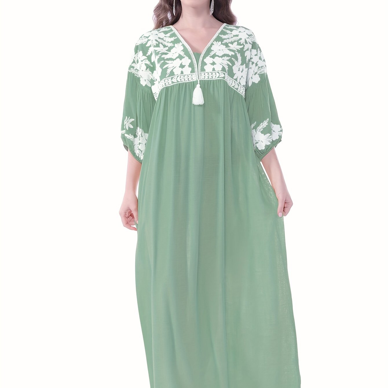 Themed Green Dress with White Floral Embroidery - ./MH
