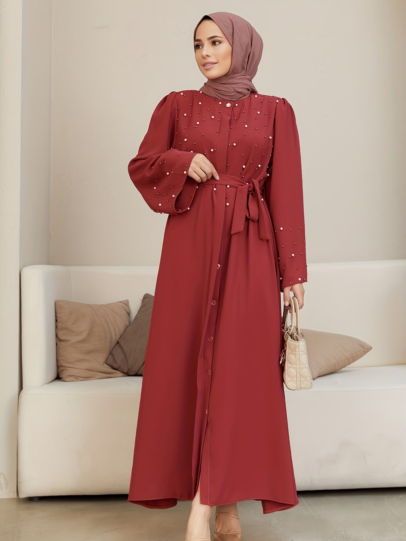Elegant Navy Blue Abaya with Pearl Embellishments and Belt -/MH