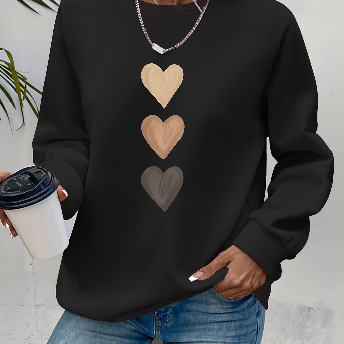 Women'S Long Sleeve Sweatshirt - Soft Pullover Sweater with Brown Heart Pattern,