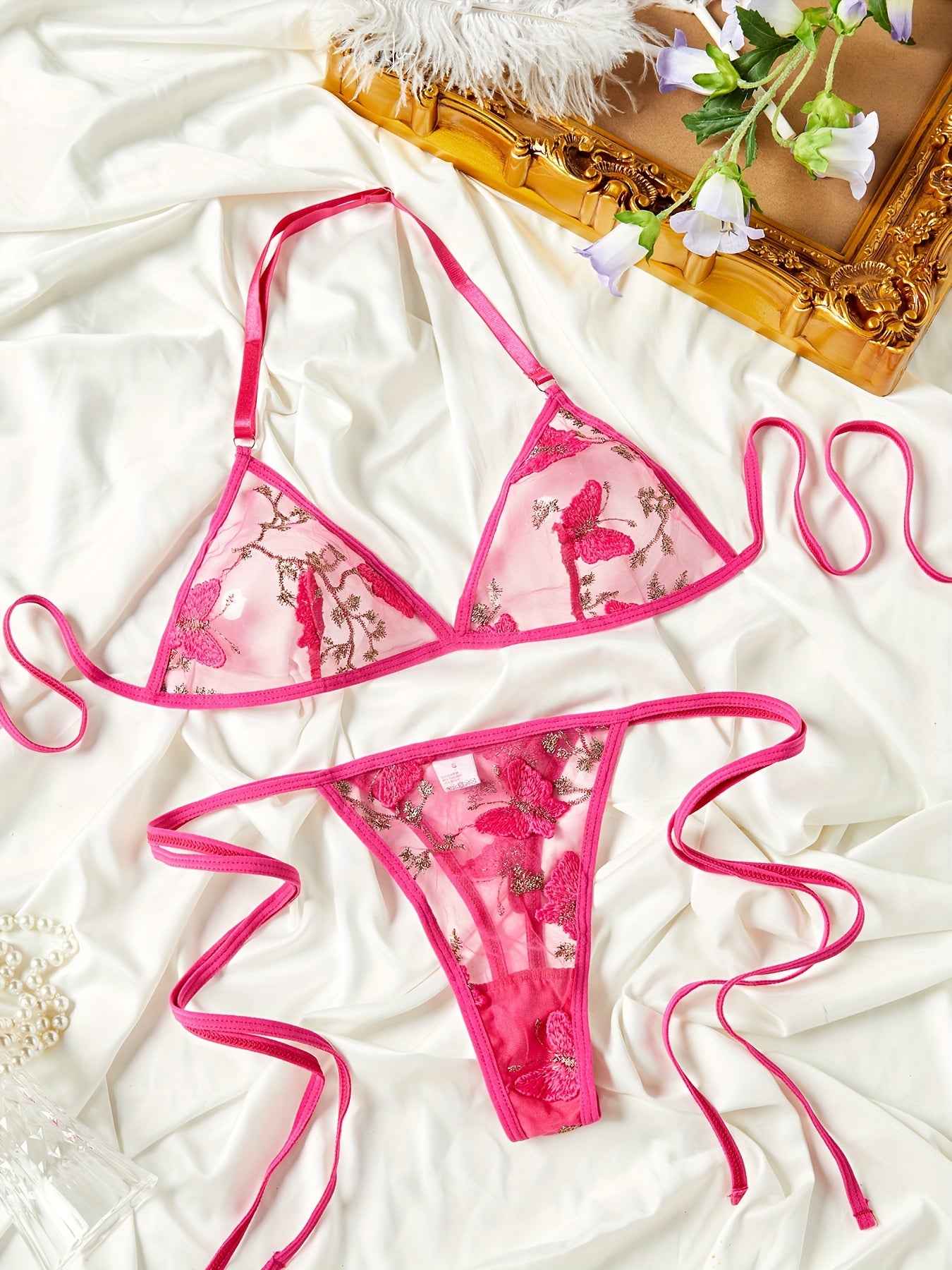 Butterfly Embroidery Bra & Panties, Halter Unlined Plunge Bra '/MH