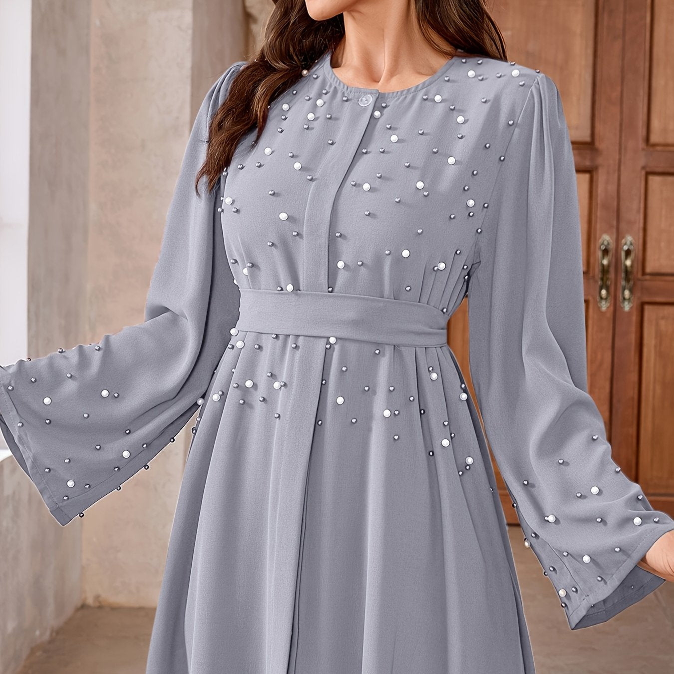 Elegant Navy Blue Abaya with Pearl Embellishments and Belt -/MH