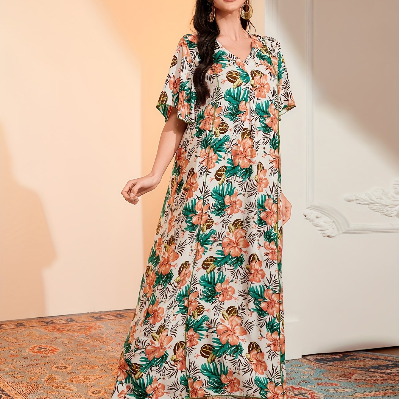 Ramadan Floral Print V Neck Kaftan, Elegant Ruffle Sleeve Dress,/MH