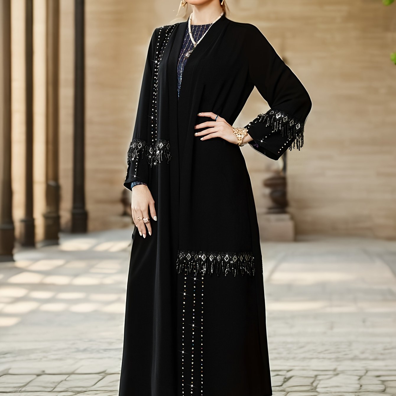 Open Front Rhinestone Decor Kaftan Dress, Elegant Long Sleeve '/MH