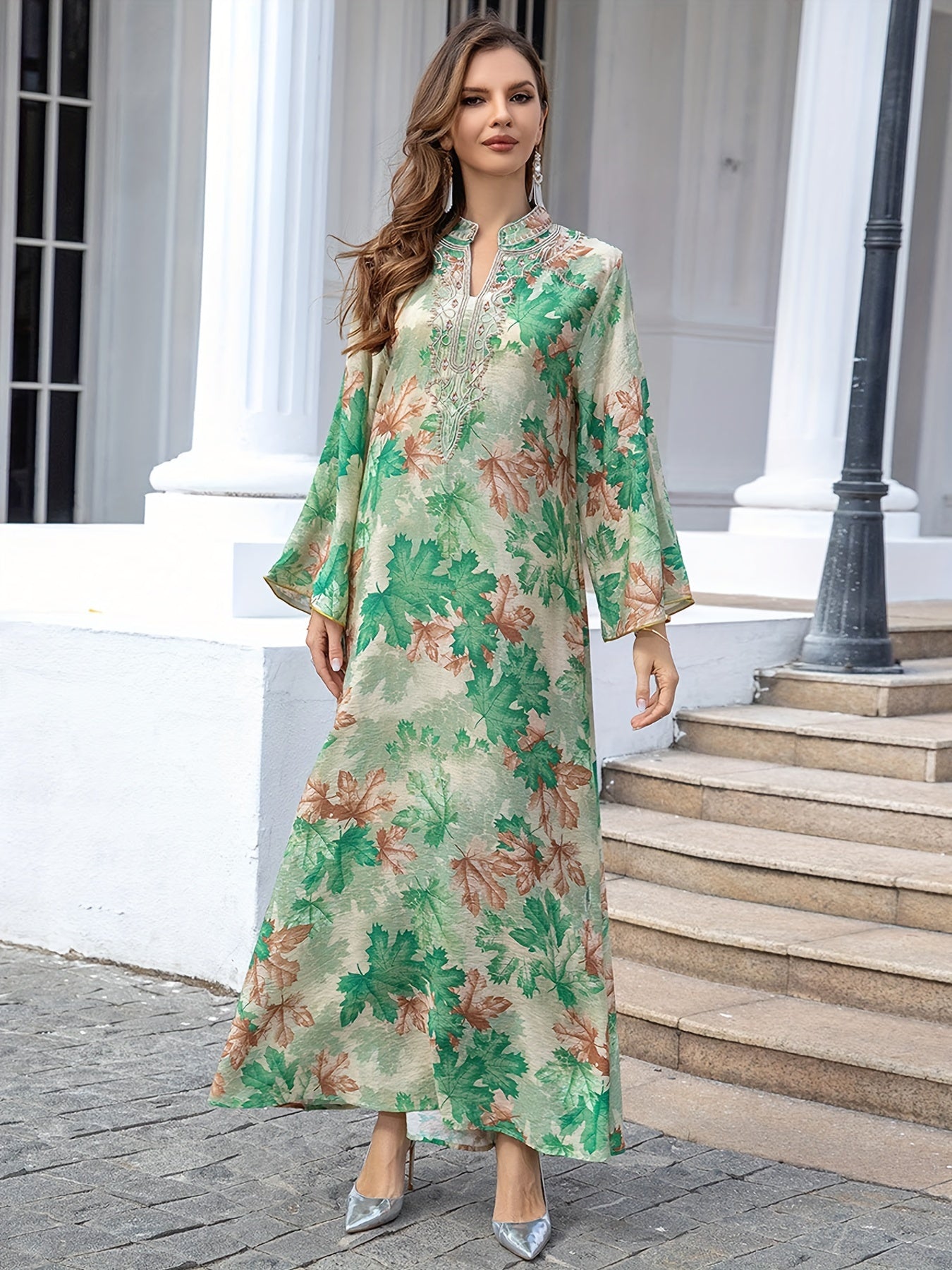Maple Print Tie Neck Kaftan Dress, Elegant Long Sleeve 'MH