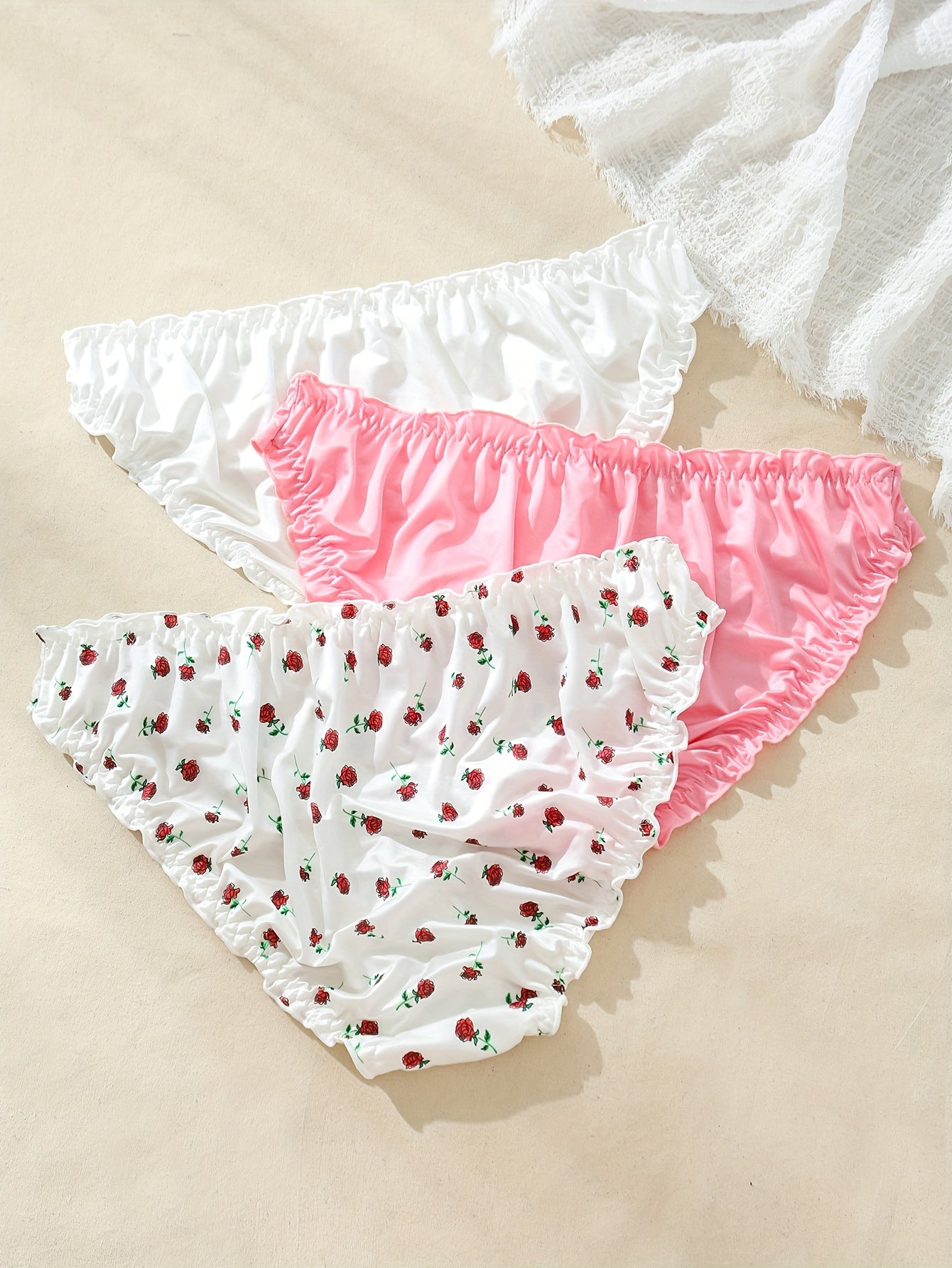 3pcs Women'S Plus Size Floral Lingerie Briefs - Sexy Ruffled Hem, /MH