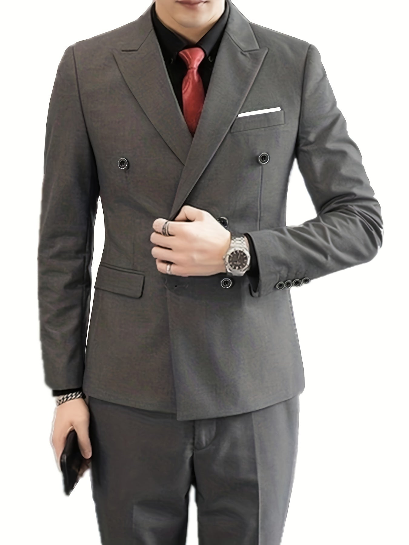 2pcs Men's Dress Suit Set, Peak Lapel Collar Double Breasted Blazer.