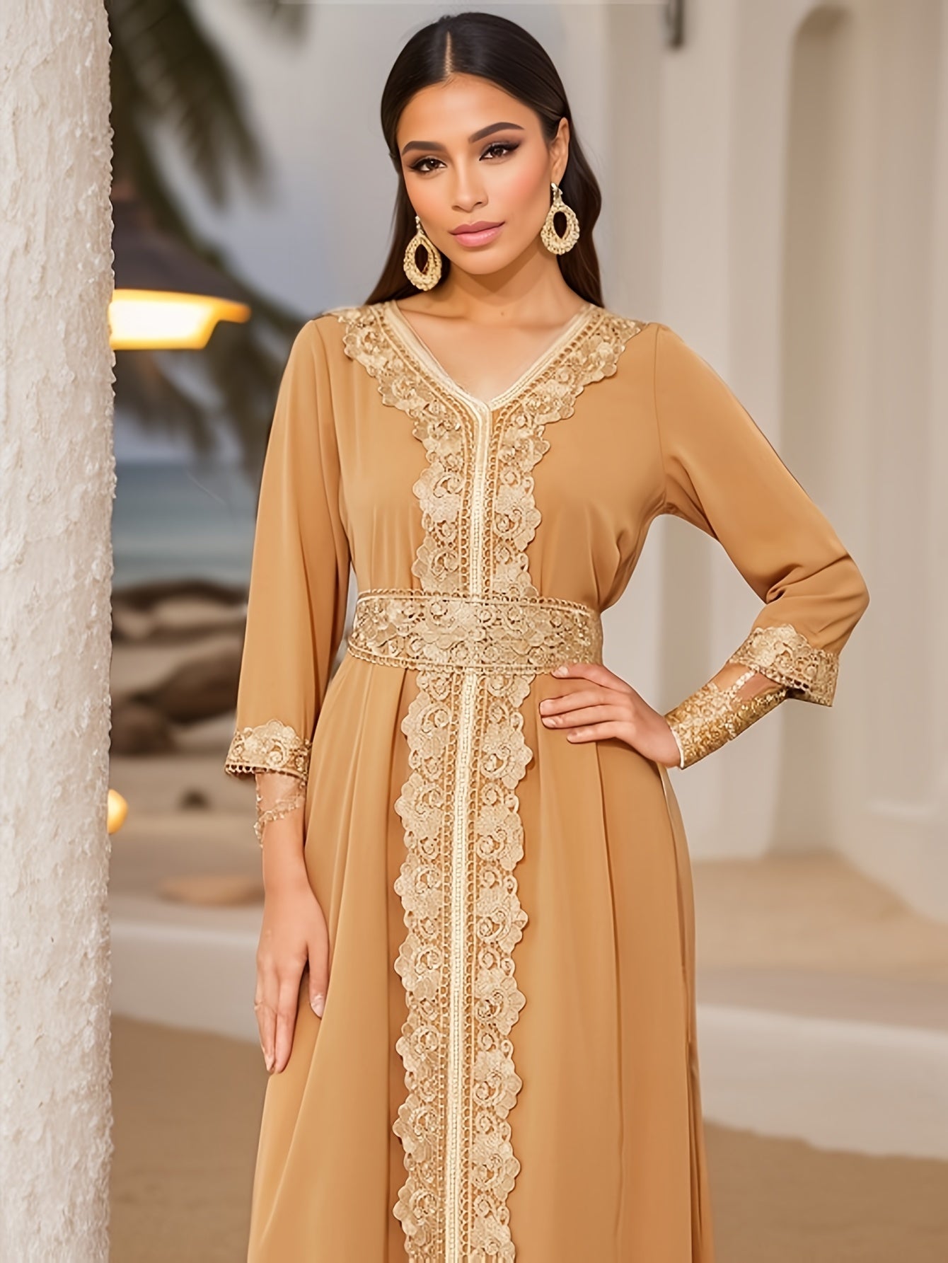 Ramadan Lace Trim V Neck Kaftan, Elegant Long Sleeve 'MH