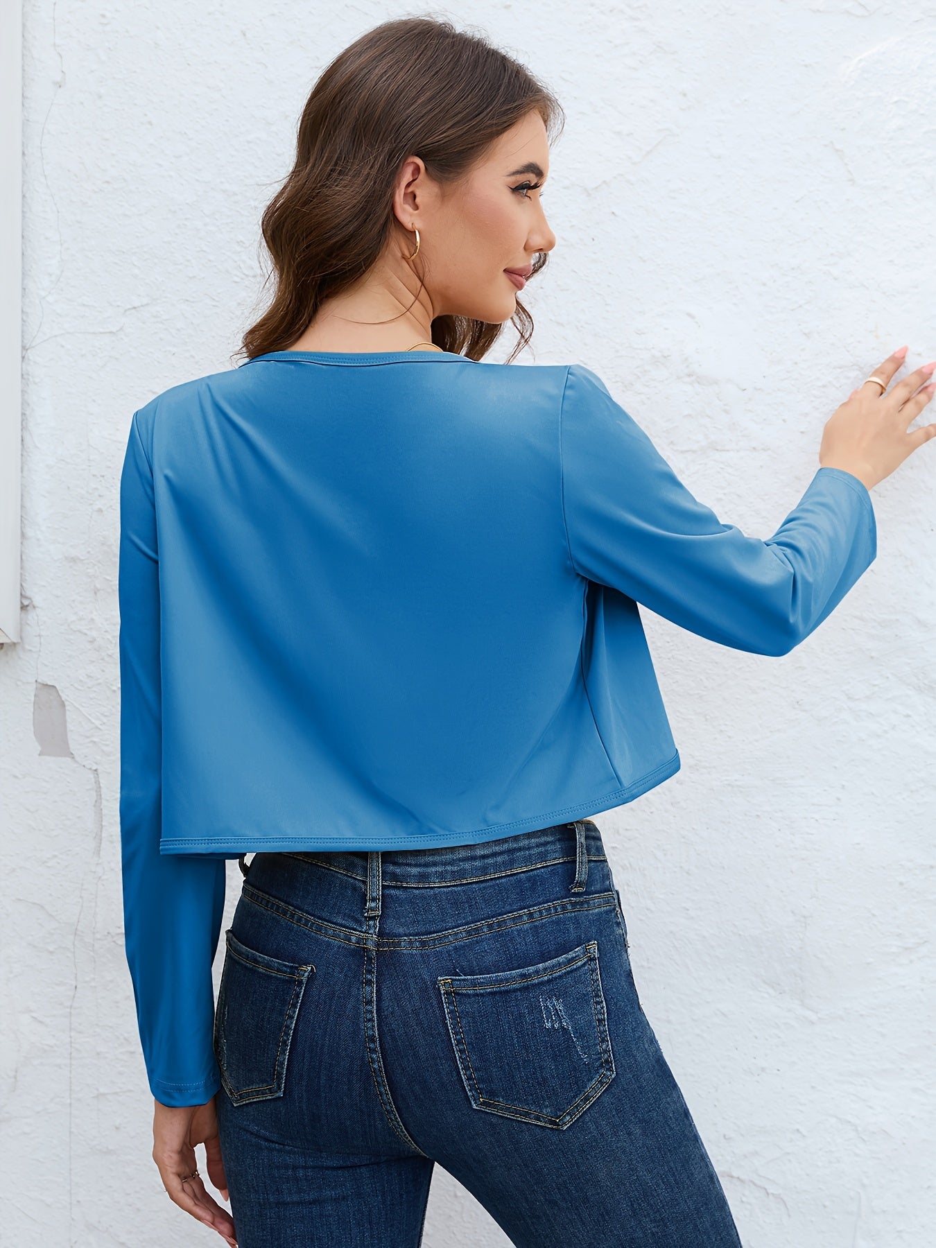 Solid Open Front Blazer, Casual Long Sleeve Crop Blazer For Work,