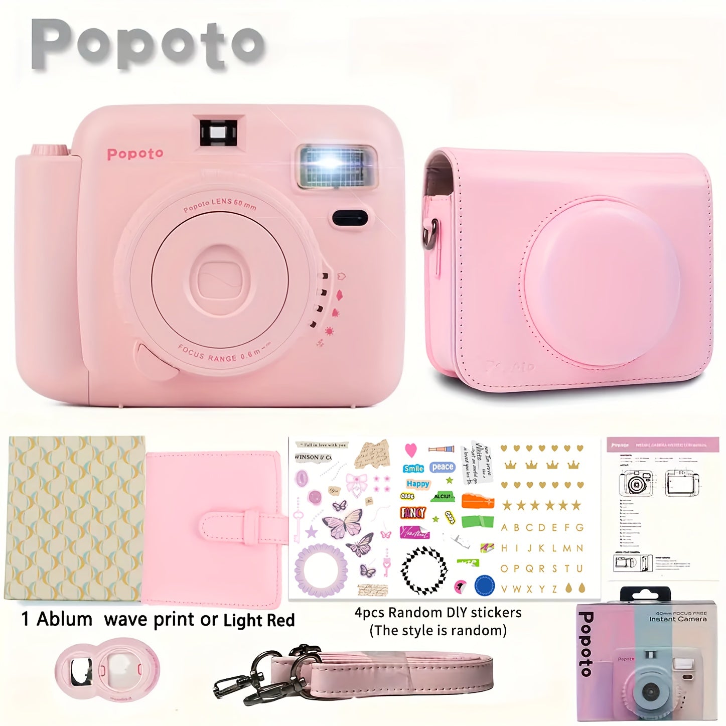 Popoto Instant Camera Gift Set with PU Case - Flash-Enabled, Battery-Free Photography Kit for Outdoor Parties (Camera & Accessories Included, No Batteries or Film)