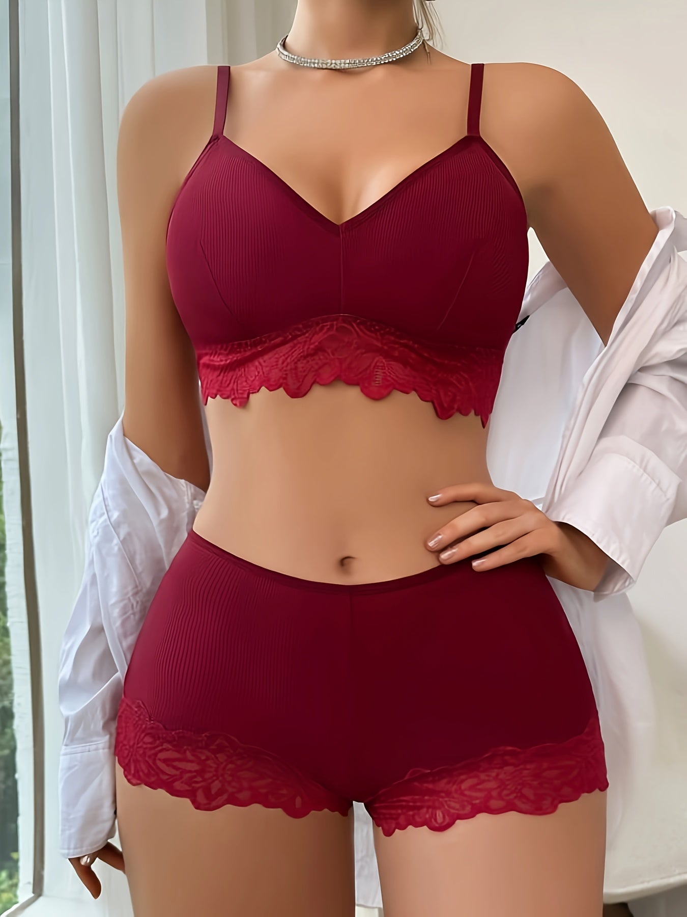 Plain Lace Trim Bra & Shorts Panty, V Neck Spaghetti Strap Buckleless Bra '/MH