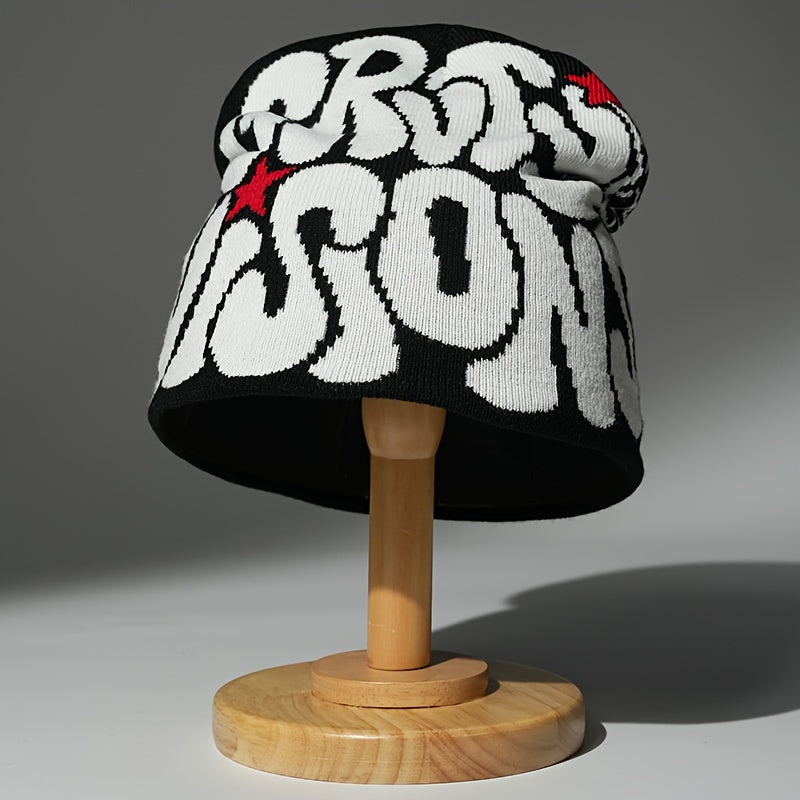 Unisex Alphabet Embroidered Knit Beanie Hat Casual Acrylic Stretch