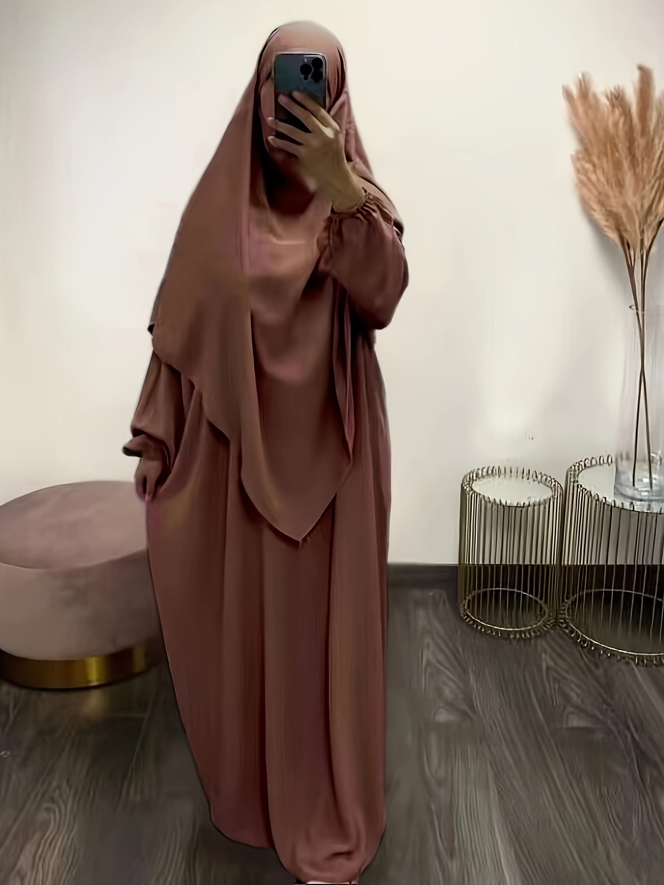 Solid Color Simple Modest Dress, Elegant Long Sleeve Maxi Dress With Hijab, /MH