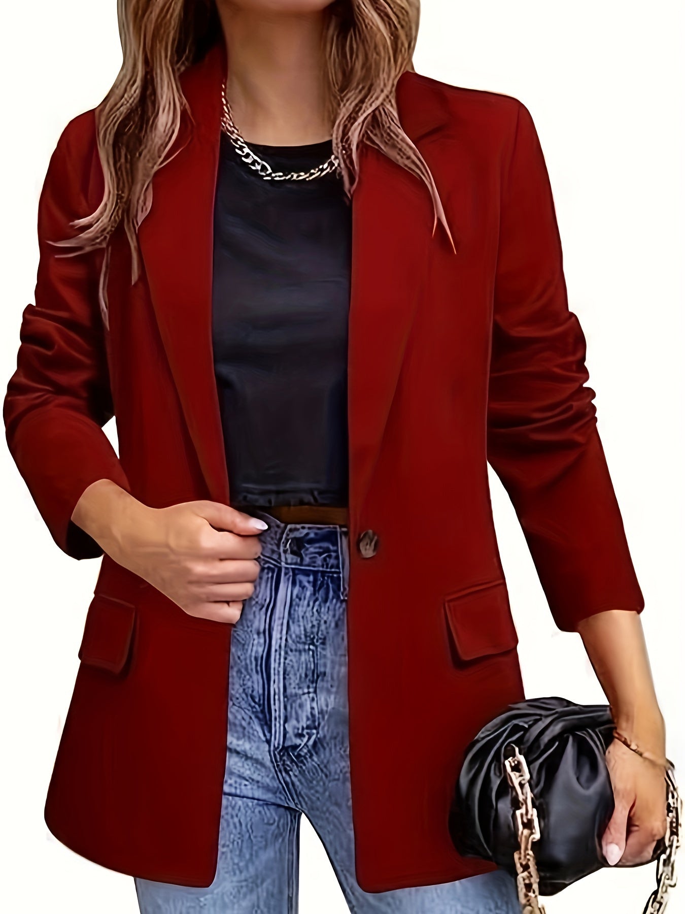 Solid Color Single Breasted Blazer, Elegant Long Sleeve Outwear .
