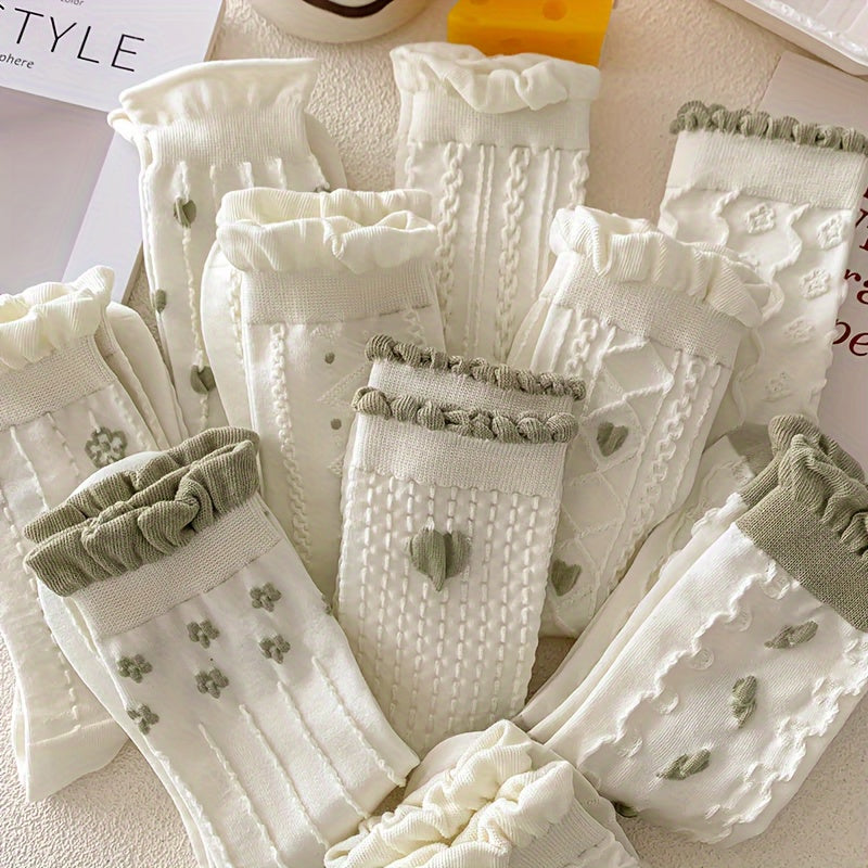 10 Pairs Floral & Heart Textured Ruffle Mid Tube Socks -e, Women's /MH