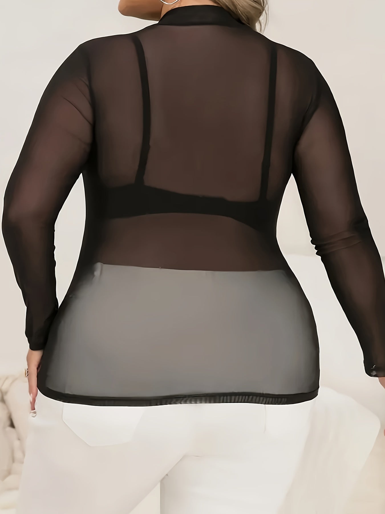 Elegant Plus Size Women's Sheer Mesh Long Sleeve ,/MH
