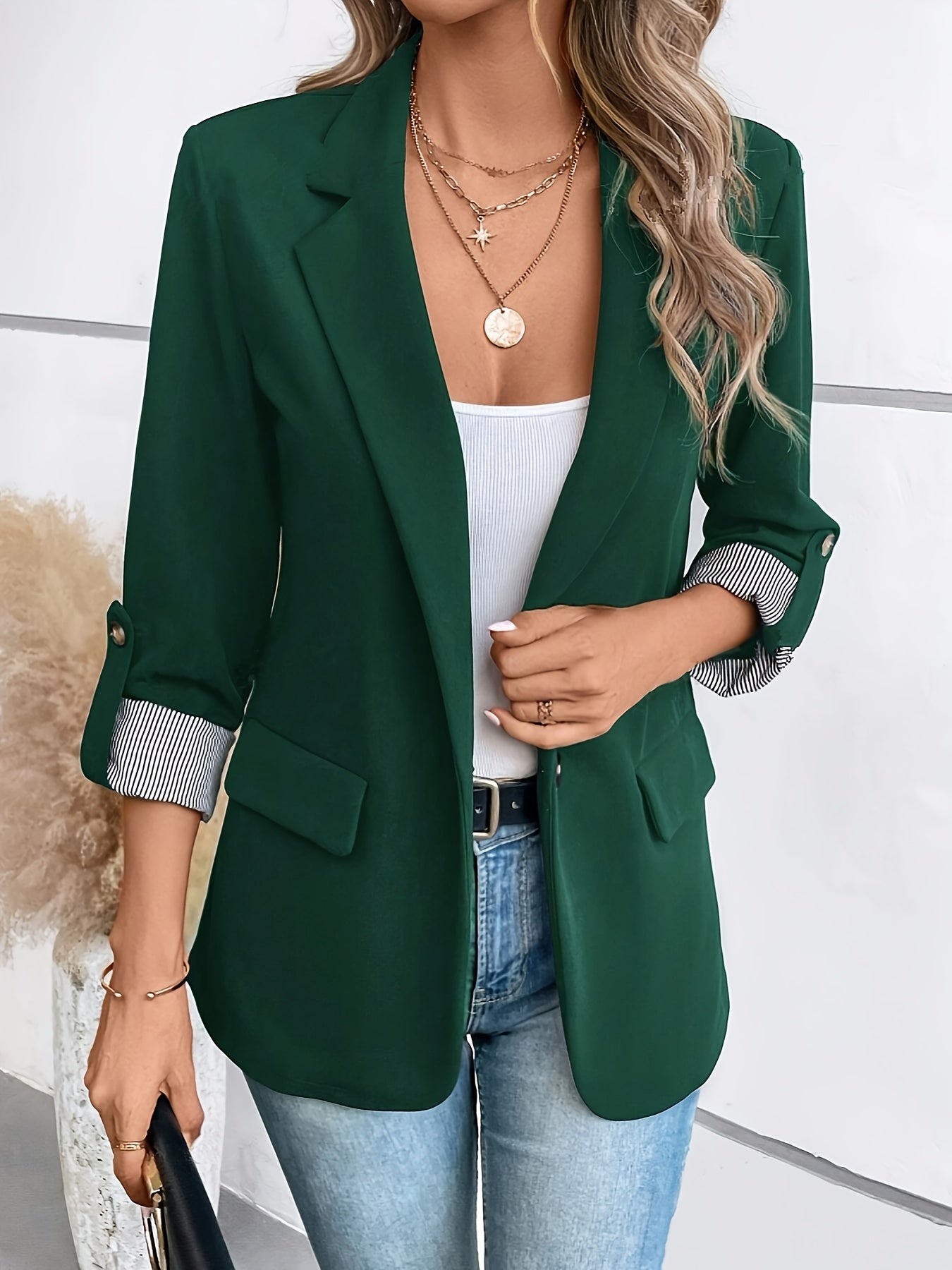 Single-Breasted Label Neck Blazer, Elegant Long Sleeve Blazer.
