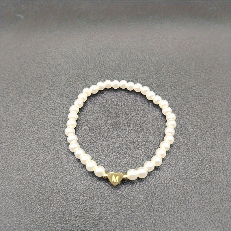 1pc Classic Initial A-Z Lettering Heart Faux Pearl Beaded Bracelet, Elegant Party Jewelry Birthday Gift For Teen Girls