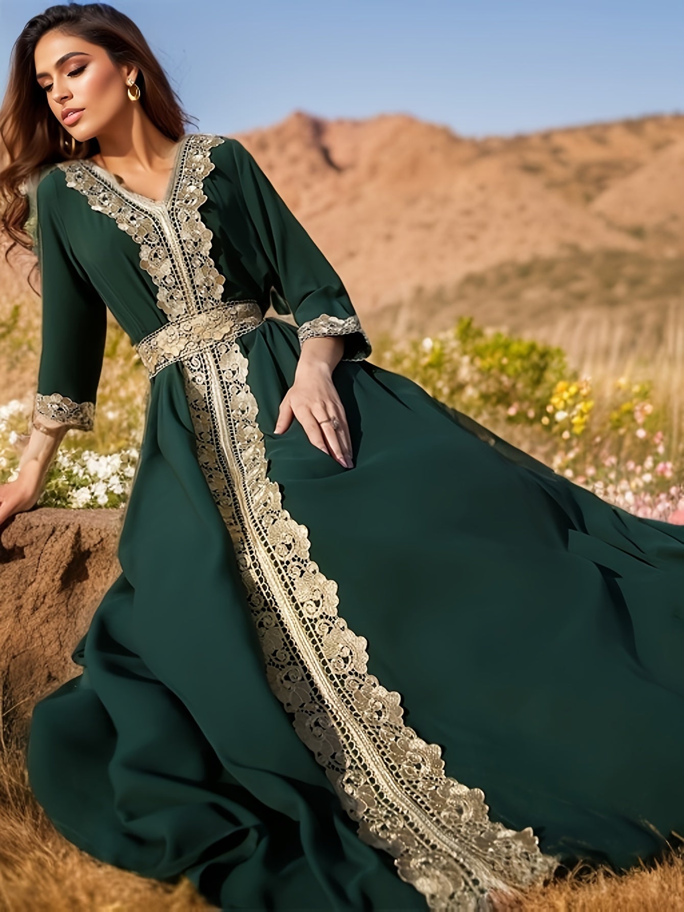 Ramadan Lace Trim V Neck Kaftan, Elegant Long Sleeve 'MH