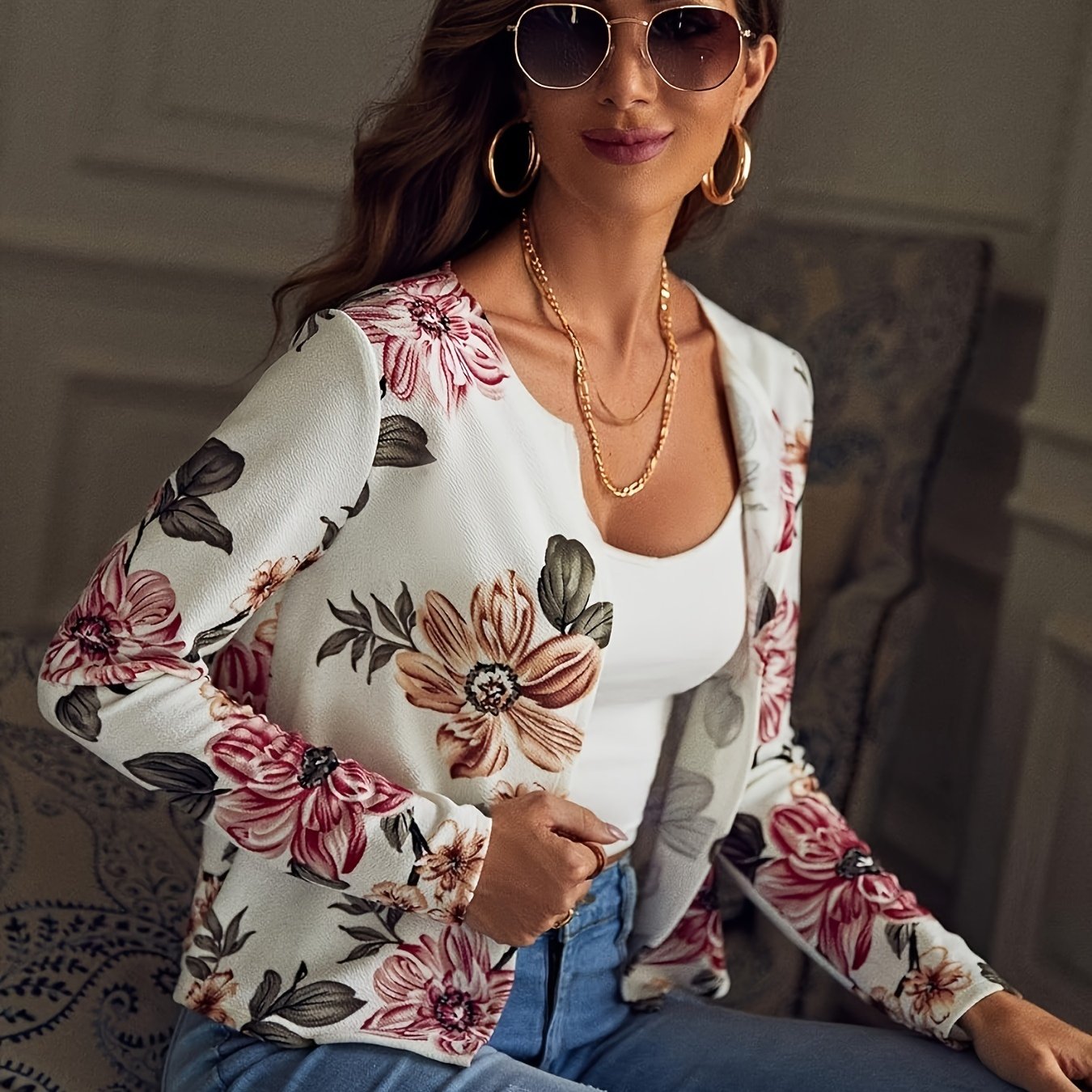 Floral Print Open Front Blazer, Elegant Lapel Long Sleeve Blazer.